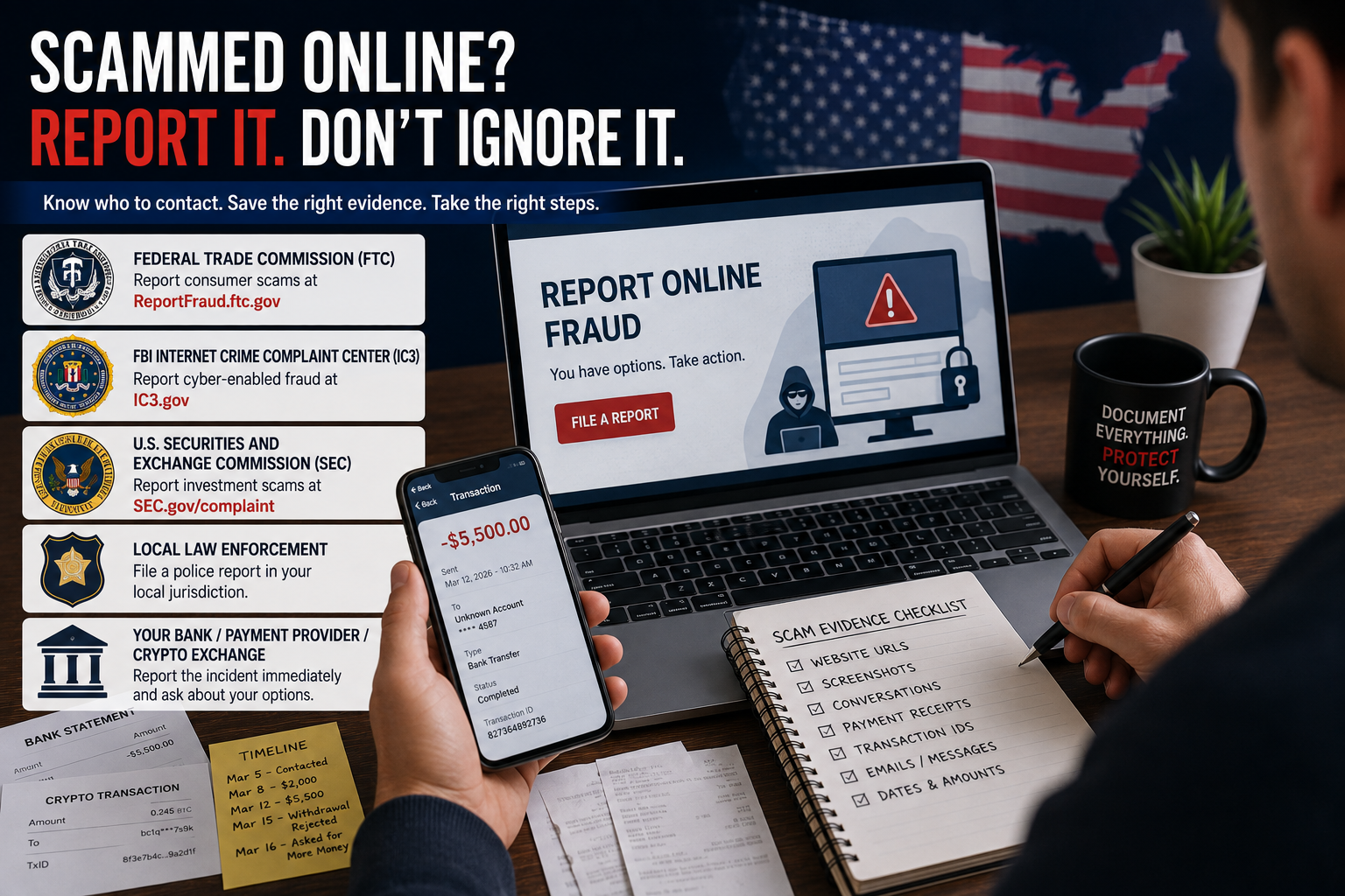 Online scam victim in the United States organising evidence and preparing to report fraud to the appropriate authorities.