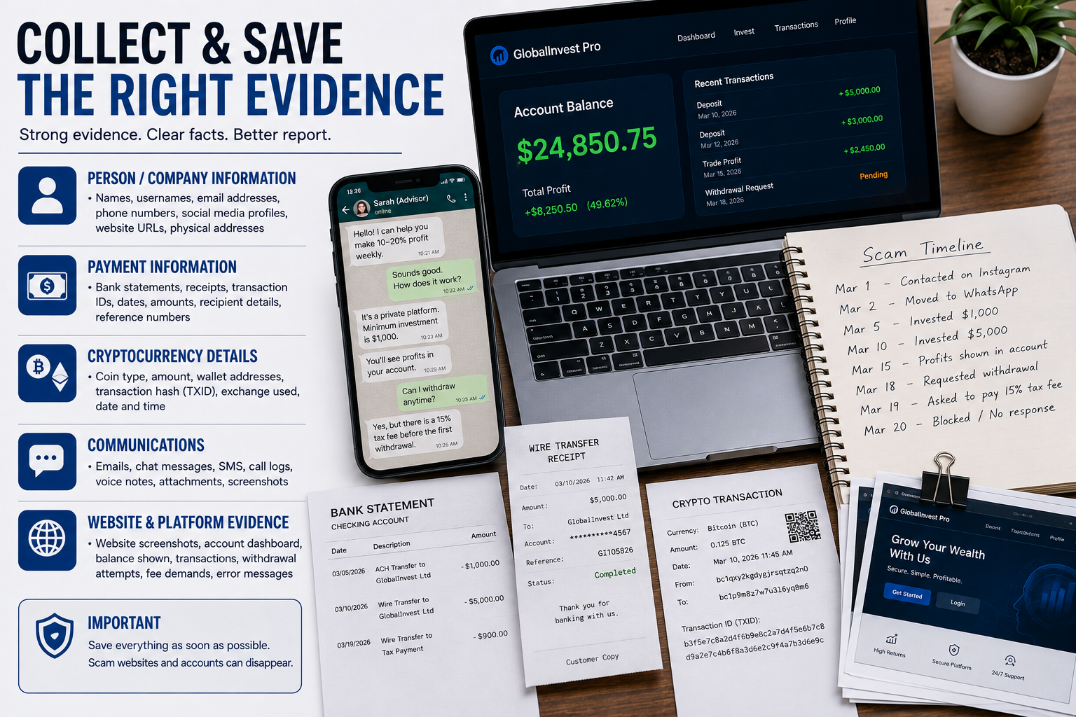 Online scam evidence checklist showing transaction records, messages, website screenshots and payment information