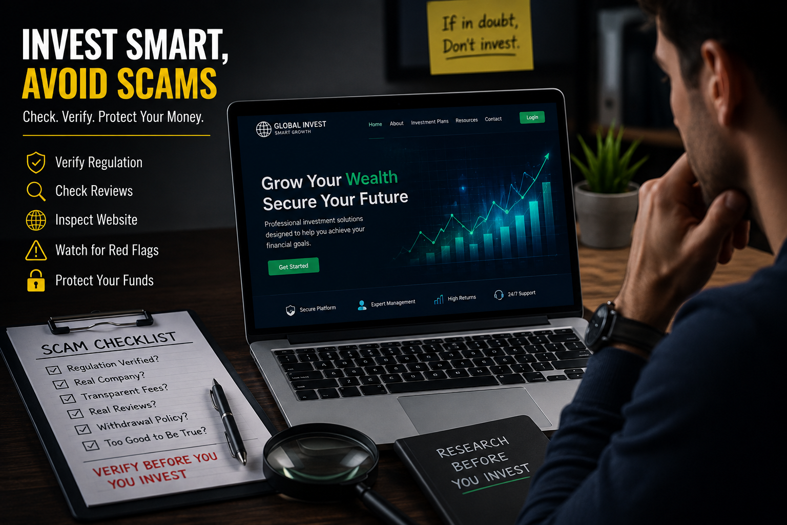 Person checking an online investment website for scam warning signs before sending money.