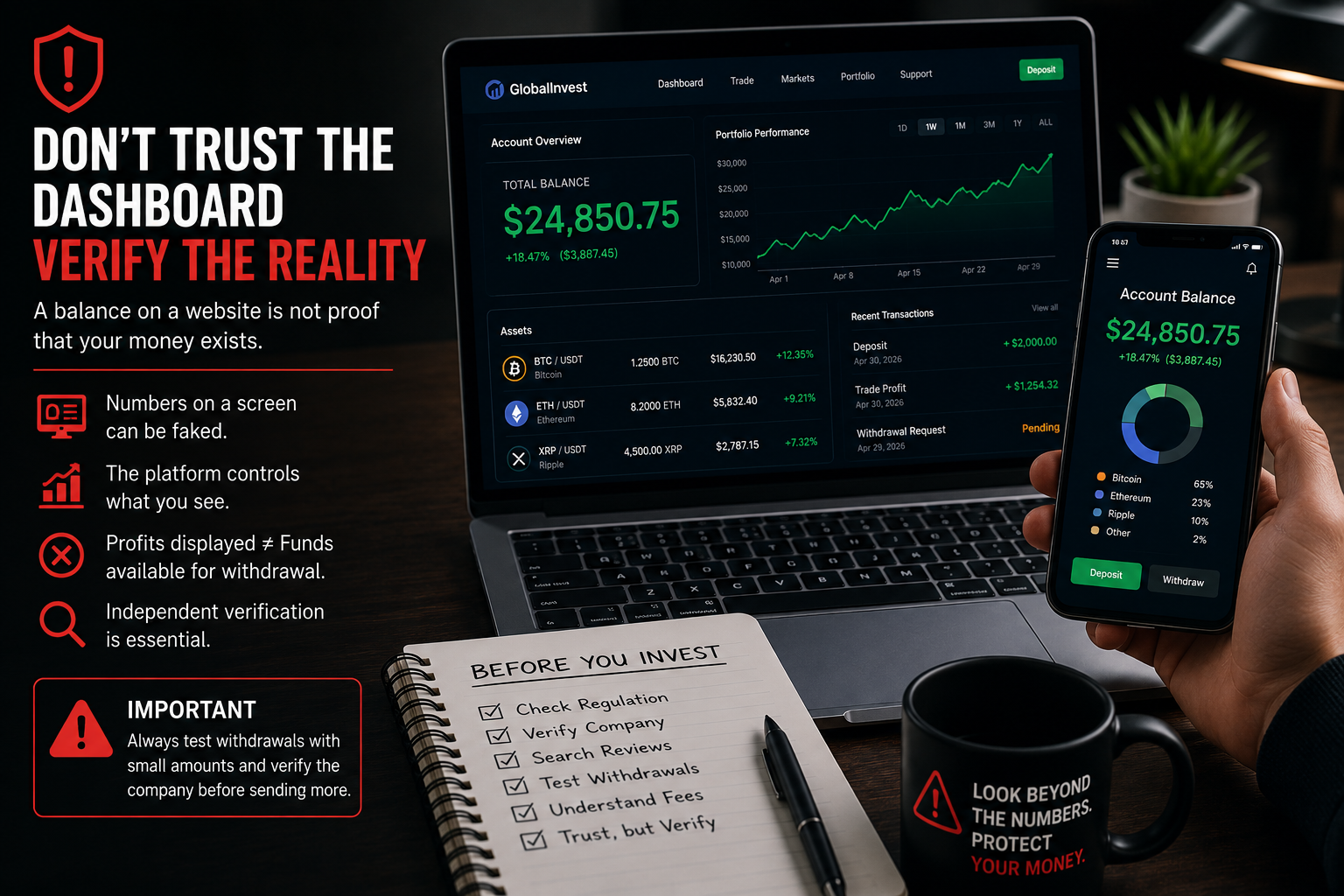 Fake investment dashboard displaying large profits while warning investors to verify balances and withdrawal claims independently.
