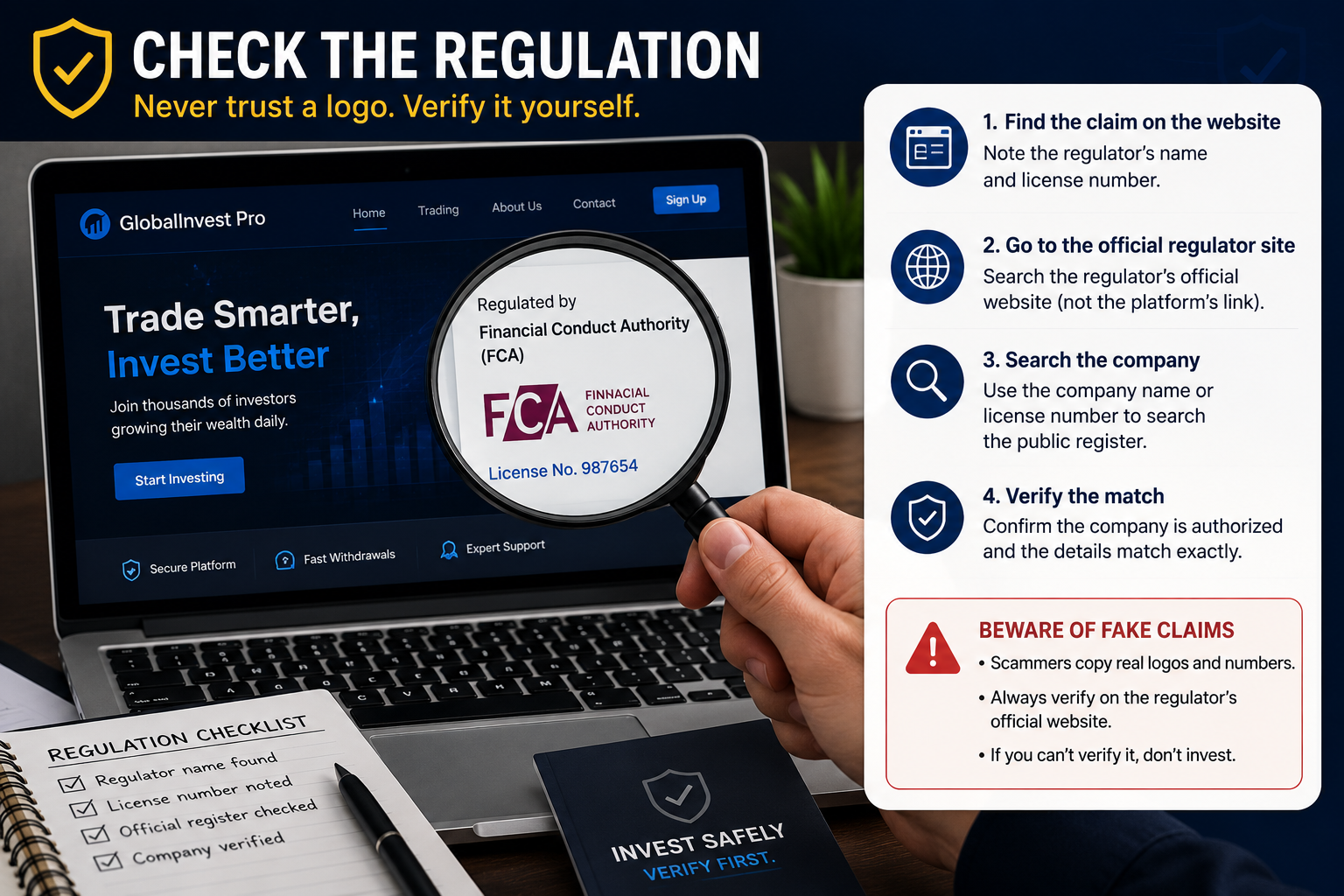 Investor verifying an investment platform’s regulatory claims and licence details before investing.