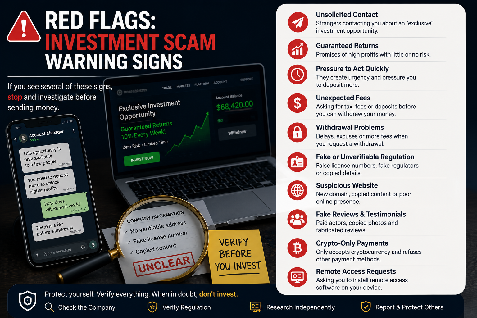 Investment scam warning signs including guaranteed returns, withdrawal problems, unexpected fees, fake regulation and pressure to invest quickly.