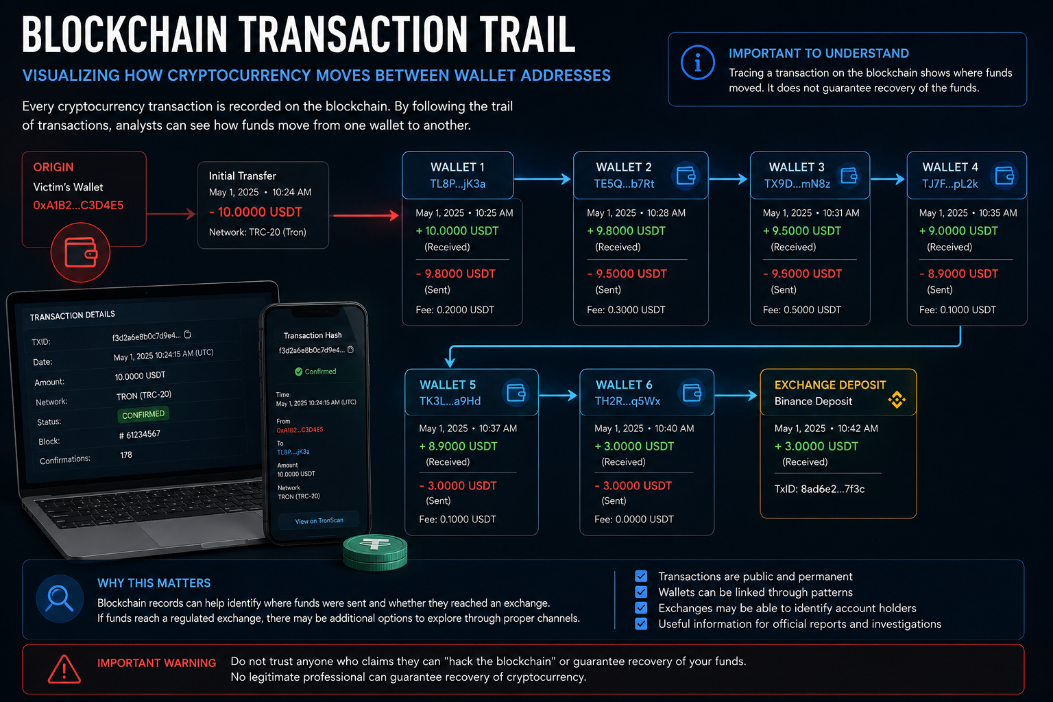 Blockchain records may help document how cryptocurrency moved, but tracing a transaction does not itself guarantee recovery.