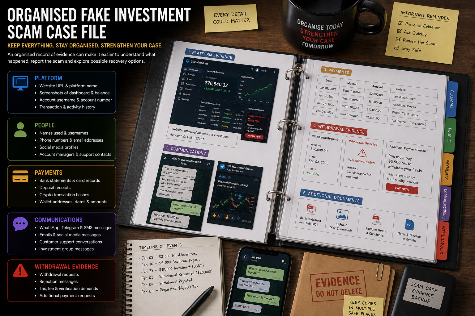 An organised case file can make it easier to understand, report and assess the circumstances surrounding an investment scam.