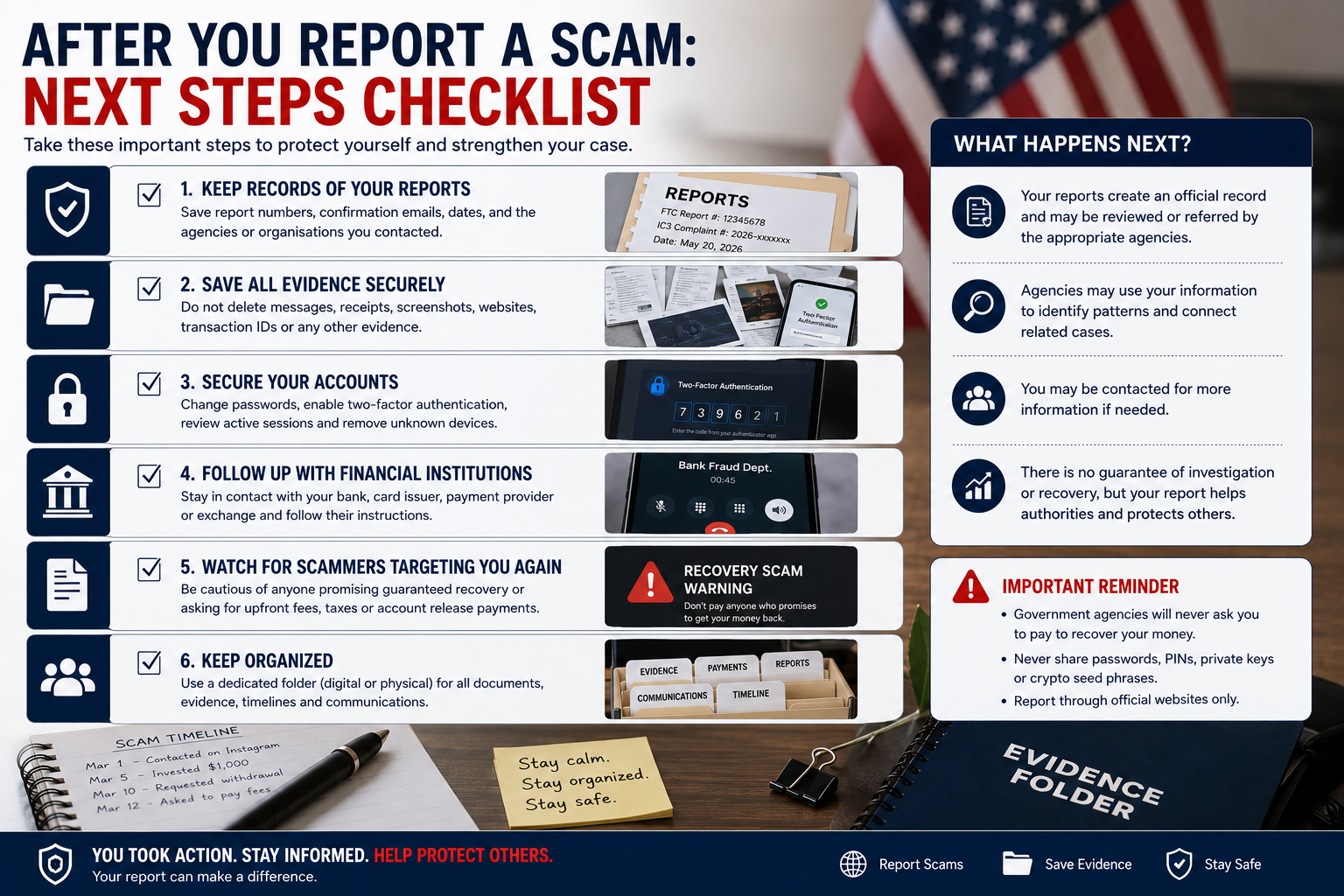 Checklist showing what online scam victims should do after reporting fraud, including saving evidence, securing accounts, contacting financial institutions and avoiding recovery scams.