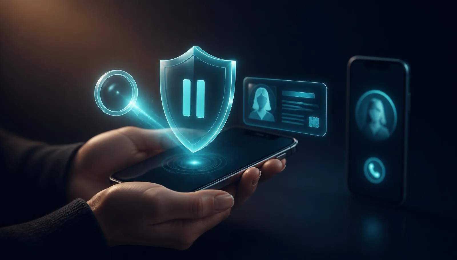 Hands holding a phone with a glowing shield and pause symbol, an identity card hologram, a magnifier and a second phone suggesting a call to a trusted friend