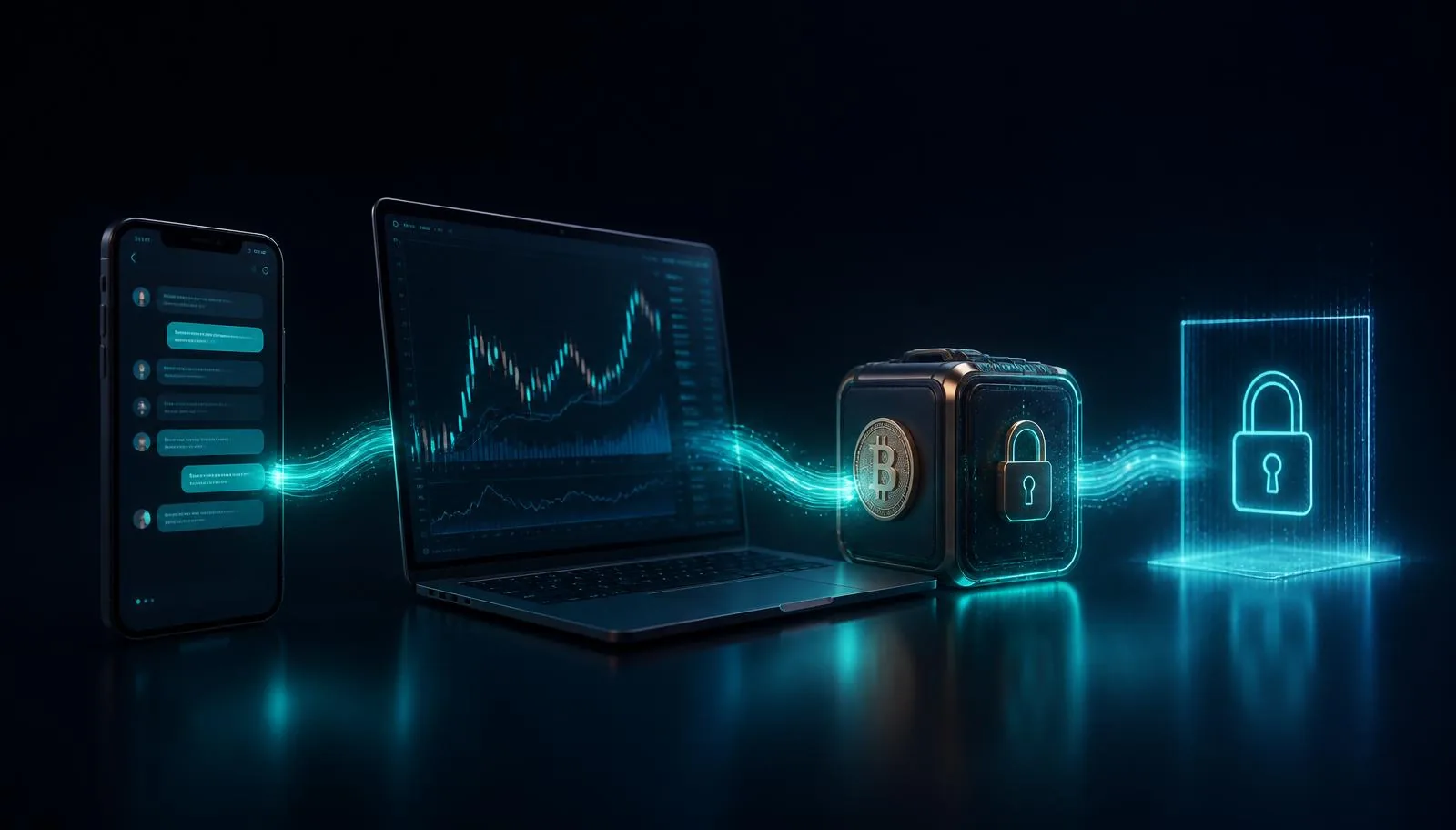 Cinematic flow from a phone showing a chat, to a laptop with a trading chart, to a crypto wallet, ending at a locked withdrawal gate