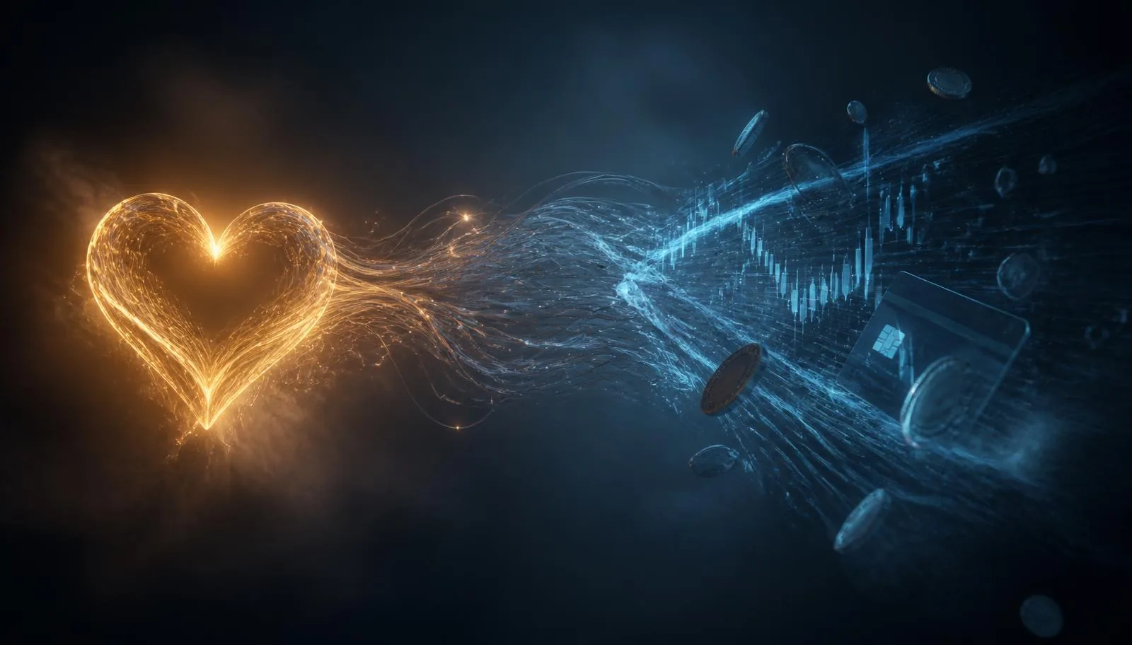 Warm glowing heart of light on the left transforming into cold blue financial data, coins and a payment card on the right, representing emotional trust turning into financial pressure