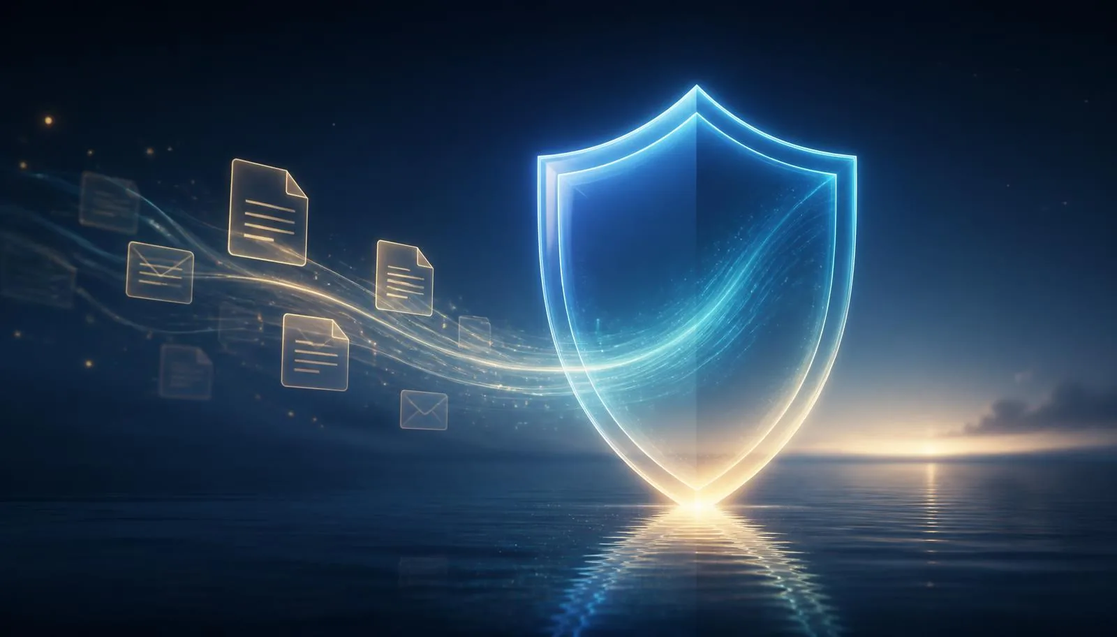 Luminous blue and teal shield over a calm dark horizon with documents and messages flowing toward it, representing reporting a scam and getting support