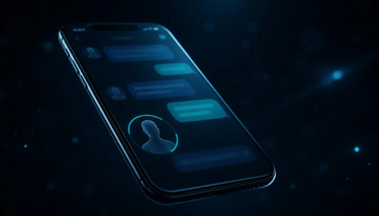 Person at home looking at a smartphone showing a face made of blue particles dissolving into pixels, illustrating an online contact whose identity cannot be verified
